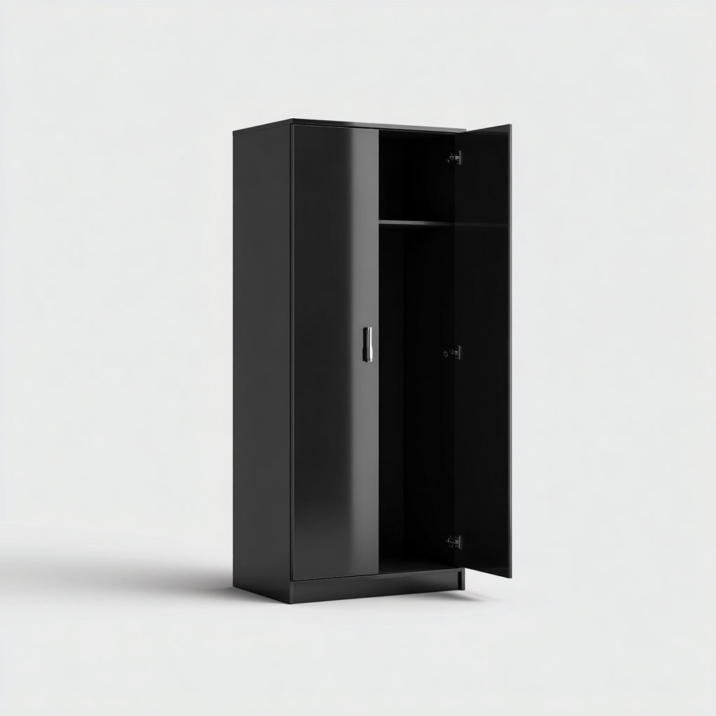 A matte black metal wardrobe with double doors internal shelves and hanging rods