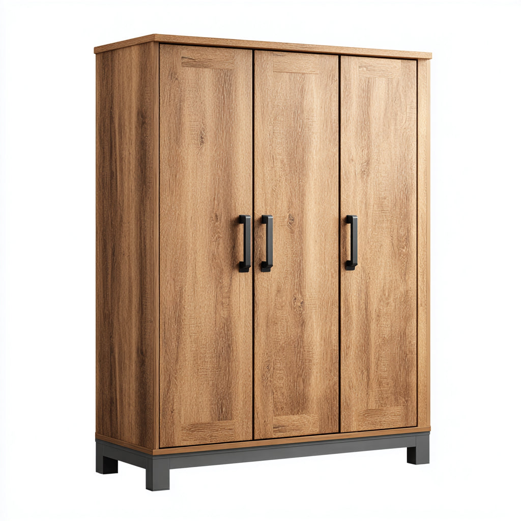 A minimalist black wooden wardrobe with a sturdy metal frame and modern handles