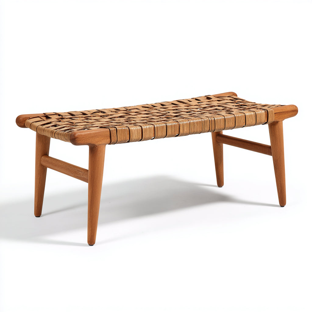 Backless rattan garden bench made of natural wood