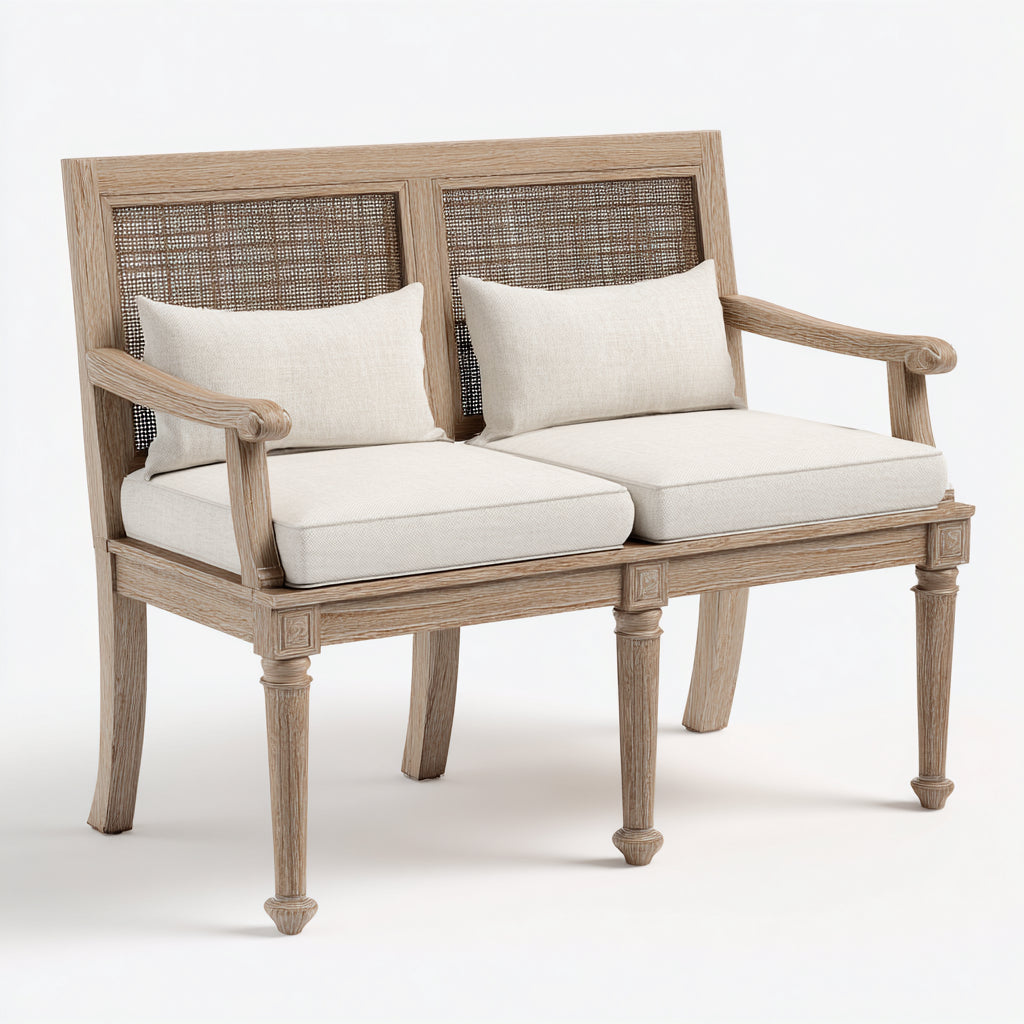 Beige wooden rattan garden bench