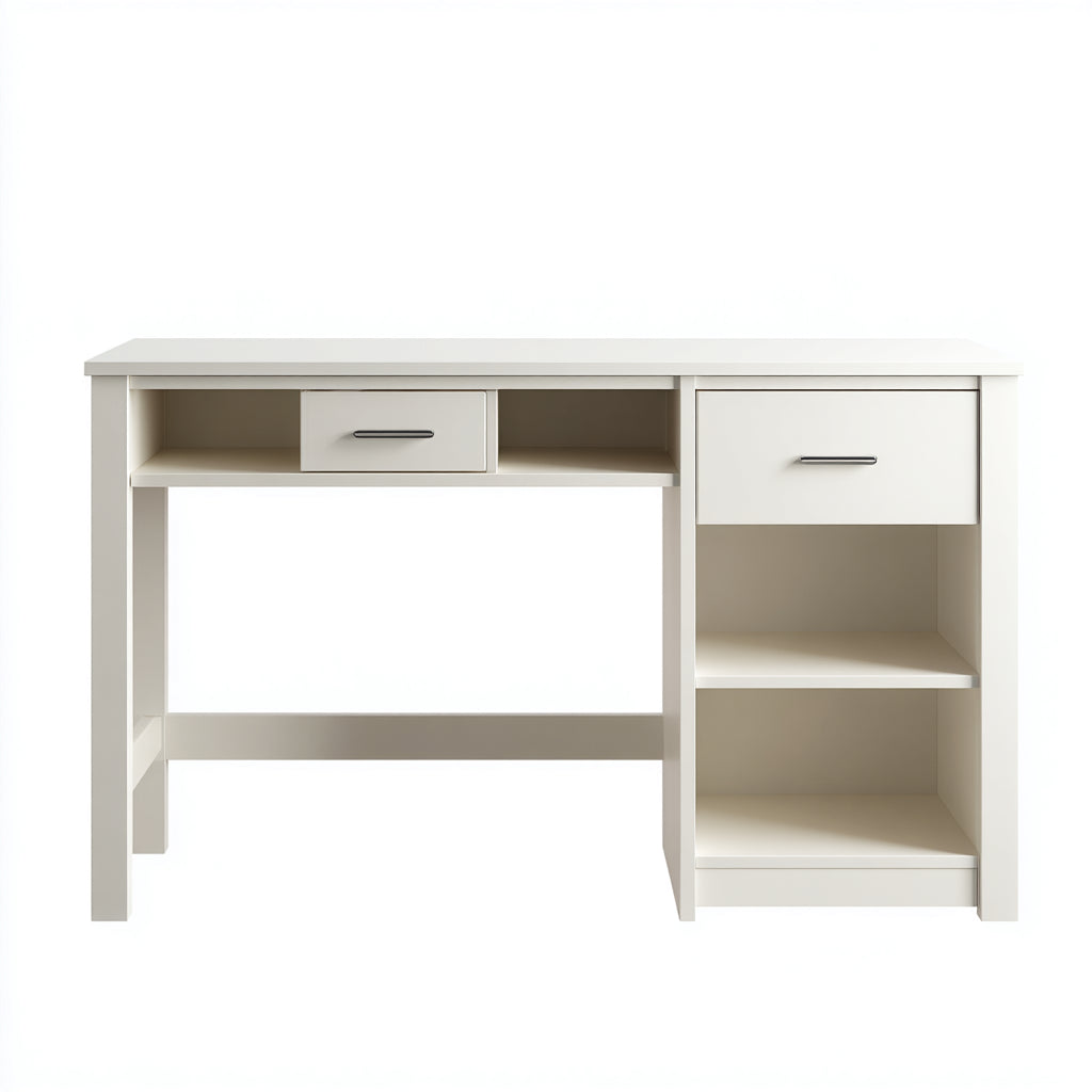 Modern design beige wooden desk with 2 drawers and open shelving