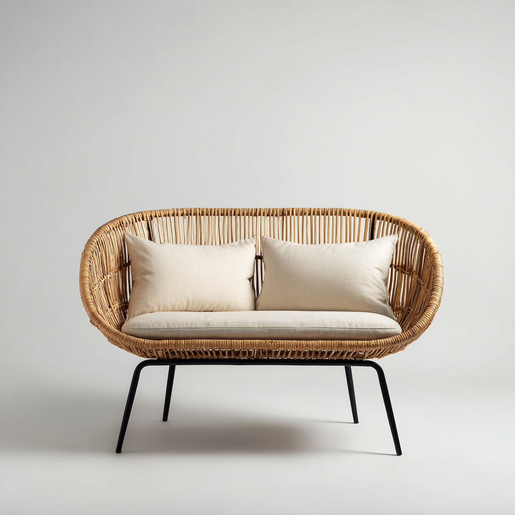 Simple beige garden bench made of aluminum and synthetic rattan