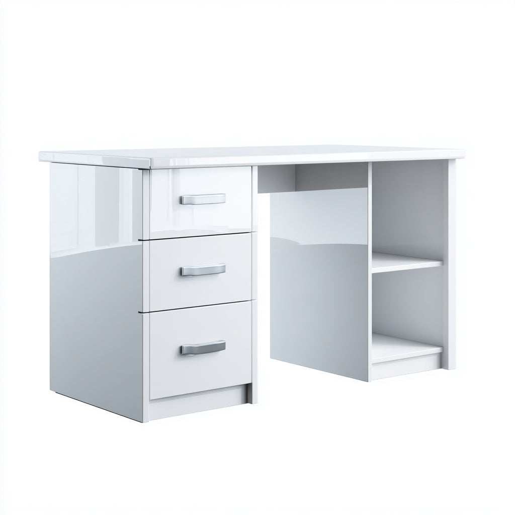 White wooden desk suitable for office use modern design with 3 drawers and open side shelves