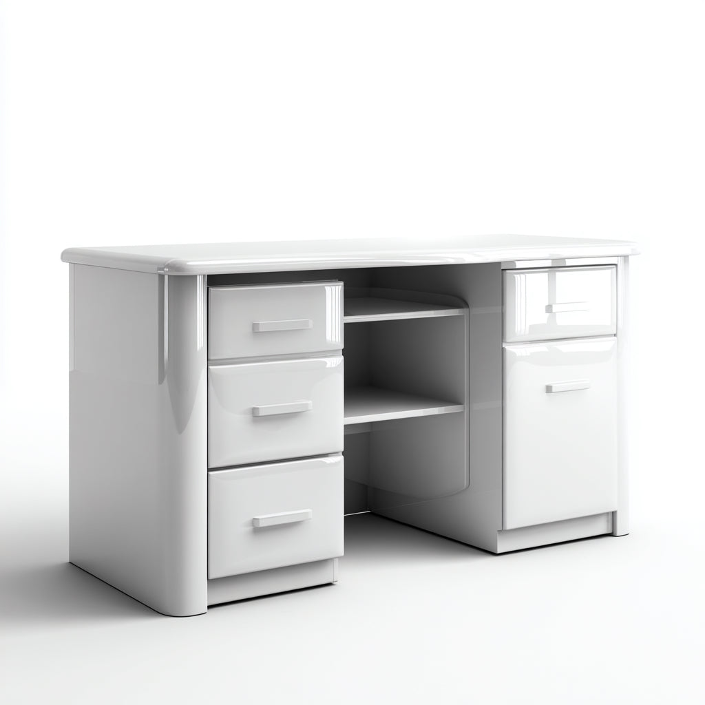 White wooden desk with a minimalist style featuring multiple drawers and open storage space