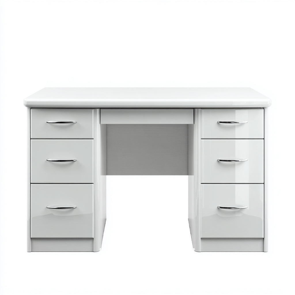 White wooden desk with multiple drawers